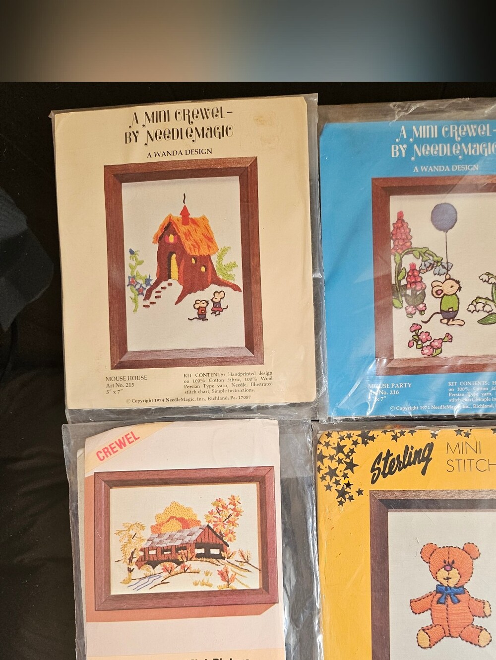 ×4 Mini Crewel Picture Stitchery Kit "Mouse house" "Teddy Bear" "Covered Bridge"
